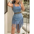 thumbnail image 2 of Women's Fringe Square Neck Bodycon Mini Dress Belted with Fringe for Party Night Out 100% Polyester Sleek Silhouette, 2 of 8