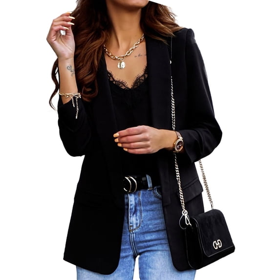 Paille Ladies Open Front Casual Outwear Plain Office Coat Suit Neck Business Cardigan Jacket Blazers Black L