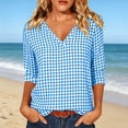 thumbnail image 2 of Edvintorg Womens Tops Plaid Printed V Neck 3/4 Sleeve Loose Casual Shirts Summer Clothes for Women Sky Blue XXL, 2 of 7