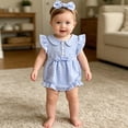 thumbnail image 3 of WNVMWI Newborn Plaid Ruffle Sleeve Bodysuit Baby Girls Cute Romper with Bow Headband Infants Sleeveless Onesie 12-18 Months Blue, 3 of 4