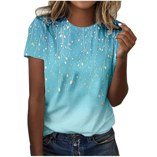 Camisetas de Manga Corta para Mujeres Moda Impresa Cuello Redondo Camiseta, Lentejuelas Detalle para Primavera Verano Casual Y Fiesta