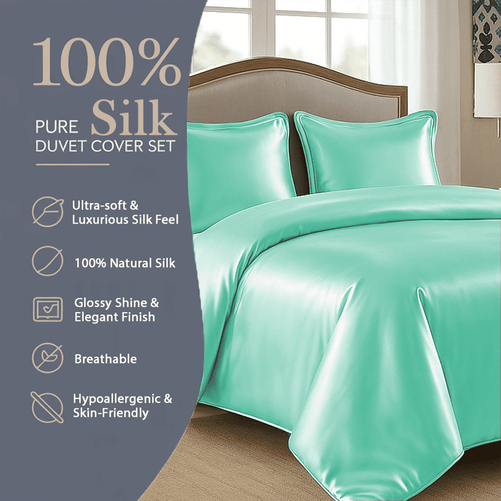 Amay Satin Silk Oversized Queen Duvet Cover Set (98"×98", Aqua ) – Luxurious Glossy Finish – Ideal for Master Bedrooms, Hotel-Inspired Décor – 3-Piece Set