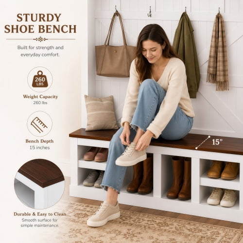 78.8" H Farmhouse Hall Tree with Bench and Shoe Storage – Entryway Coat Rack with 6 Double Hooks, 4 Top & 4 Bottom Cubbies, Adjustable Shelves, White