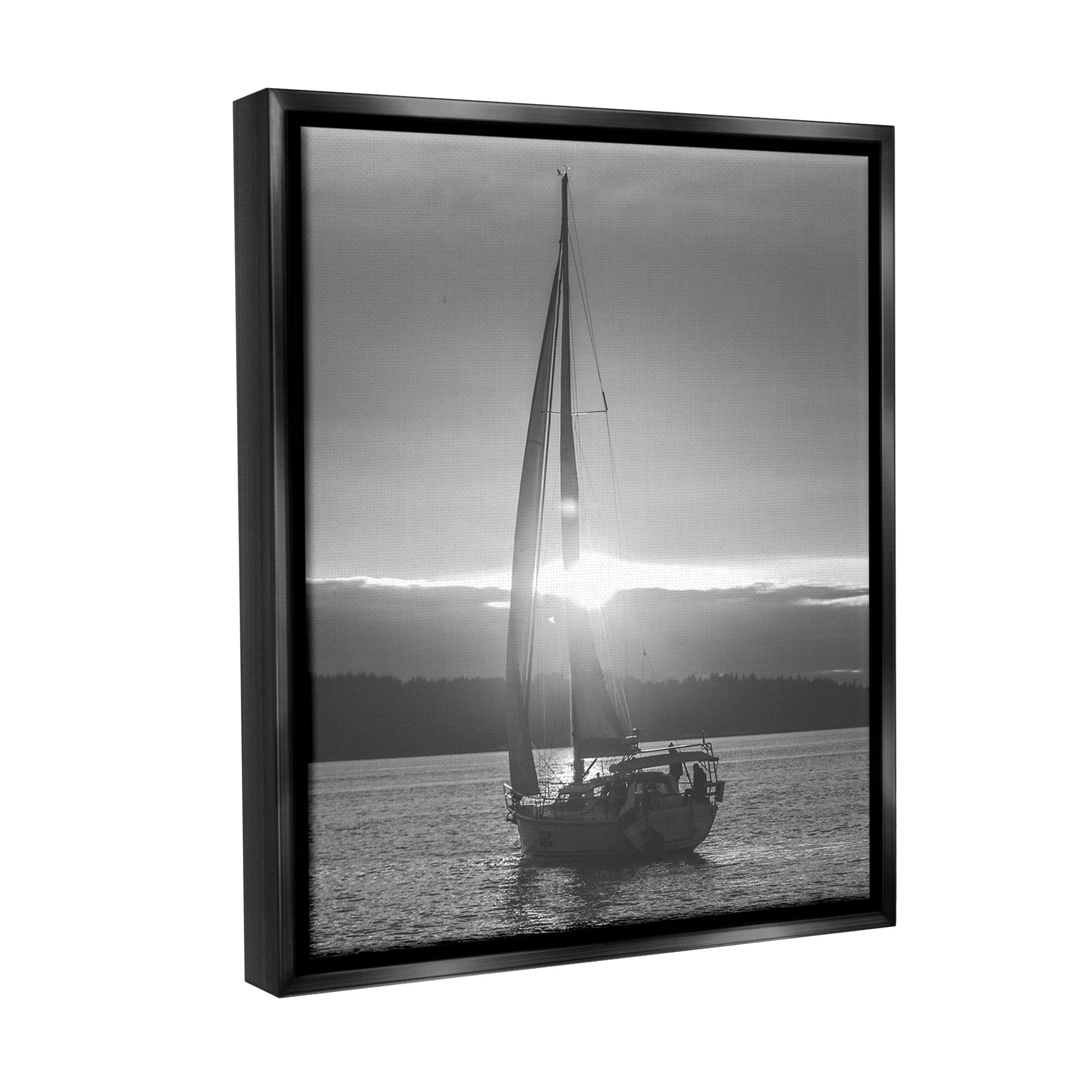 Stupell Industries Grey Sailboat Seascape Transportation Photography Black Floater Framed Canvas Art Print Wall Art, 25 x 31