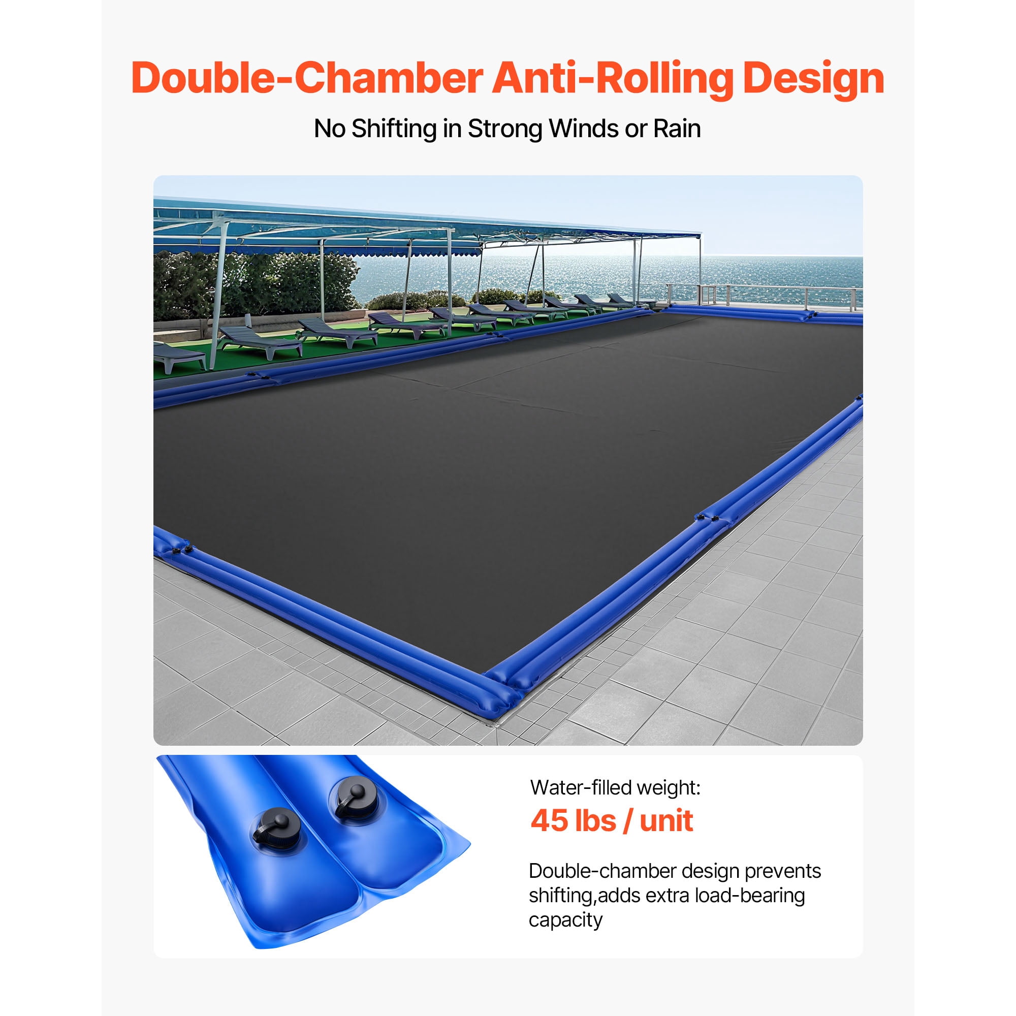 KFFKFF Pool Cover Water Bags, 5-Pack 8 Ft, Double-Chamber Design, 0.4mm Thick PVC with Leak-Resistant Screw Caps, Ideal for Securing Inground Pool Covers During Winter, Blue