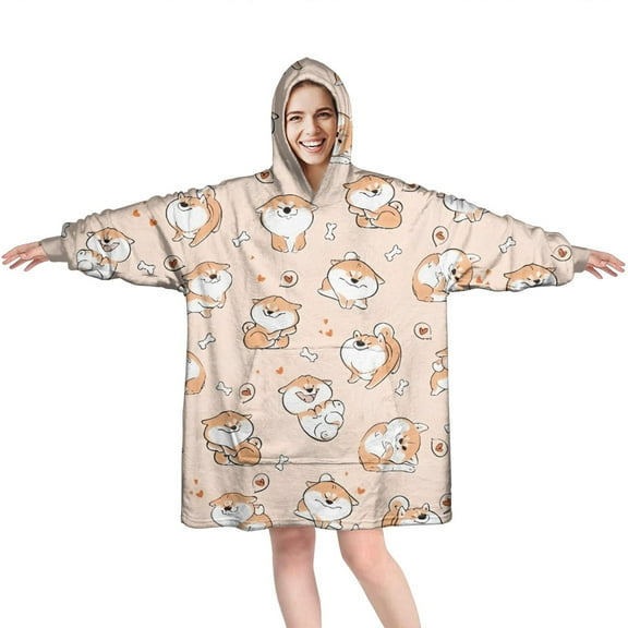 Wearable Oversized Blanket,Shibainu and Love Wearable Blanket Hoodie for Adults,Cozy Hooded Blankets with Super Pockets,Super Warm Fuzzy Pullover for Women & Men