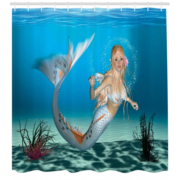 Girl Shower Curtain Set Digital Graphic Of A Mermaid In Tropical Ocean Magical Legendary Fairytale Creature Bathroom Decor Navy Ocean Blue By Ambesonne Walmart Com Walmart Com