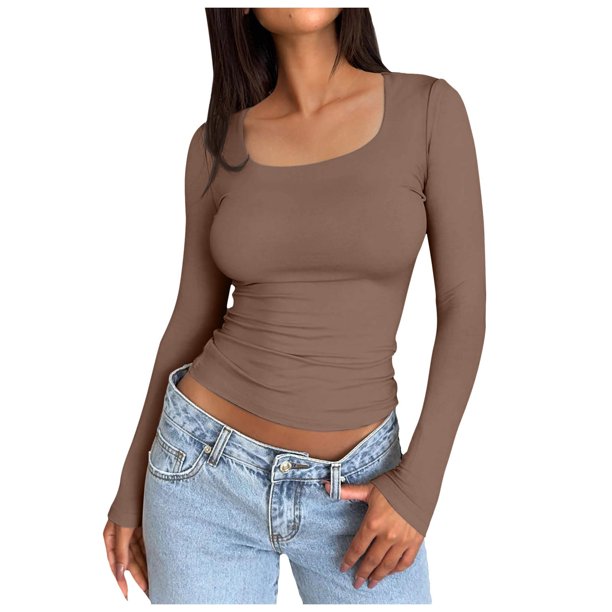 Top corto de manga larga y cuello redondo para mujer - Camiseta básica de yoga ajustada para entrenar