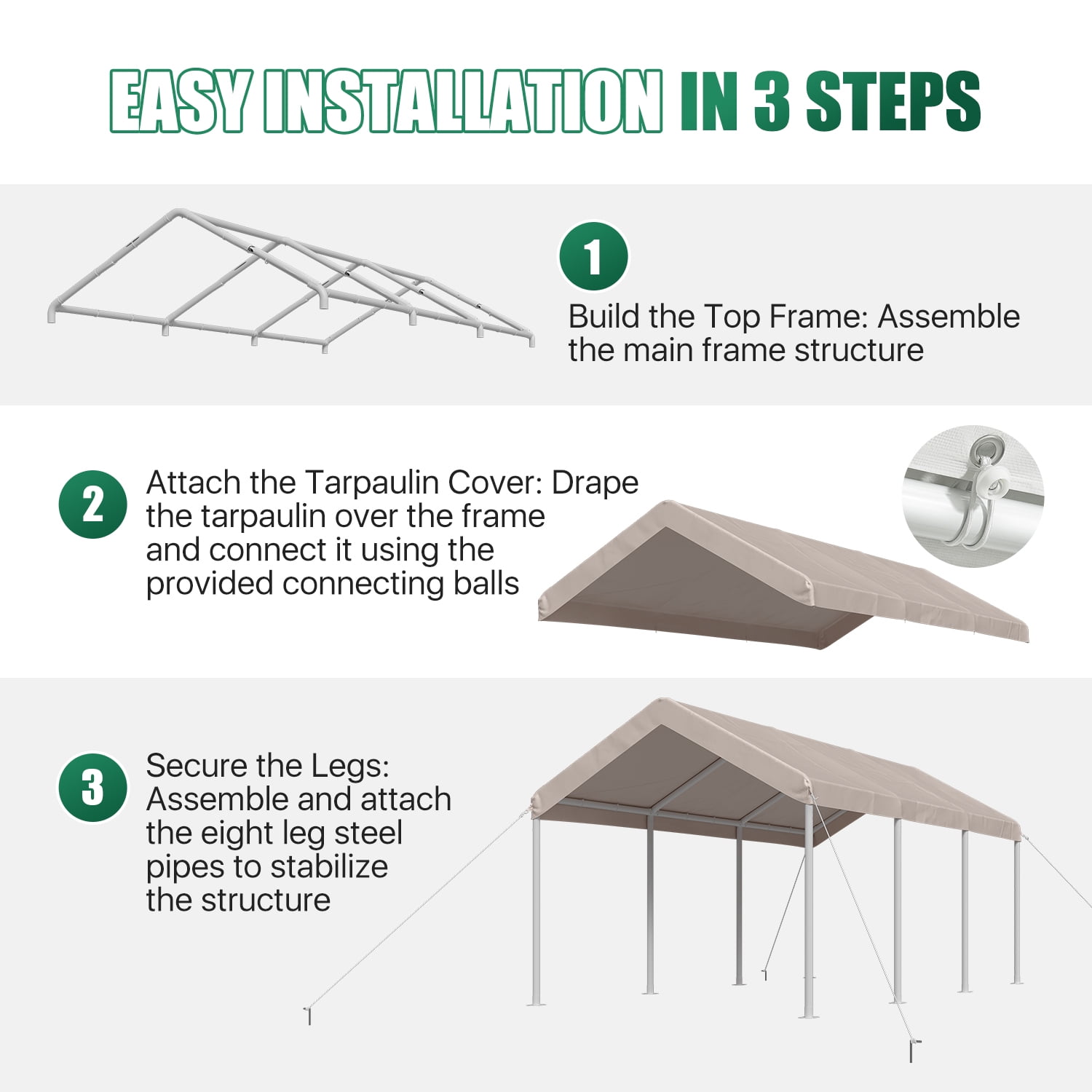 Clouddwell Carport 10x20 FT Heavy-Duty Portable Carport, Outdoor Car Canopy Shelter with Waterproof Tarp & Wind Resistant Design, Galvanized Steel Frame for Vehicle, RV, Boat, Truck Cover (Khaki)