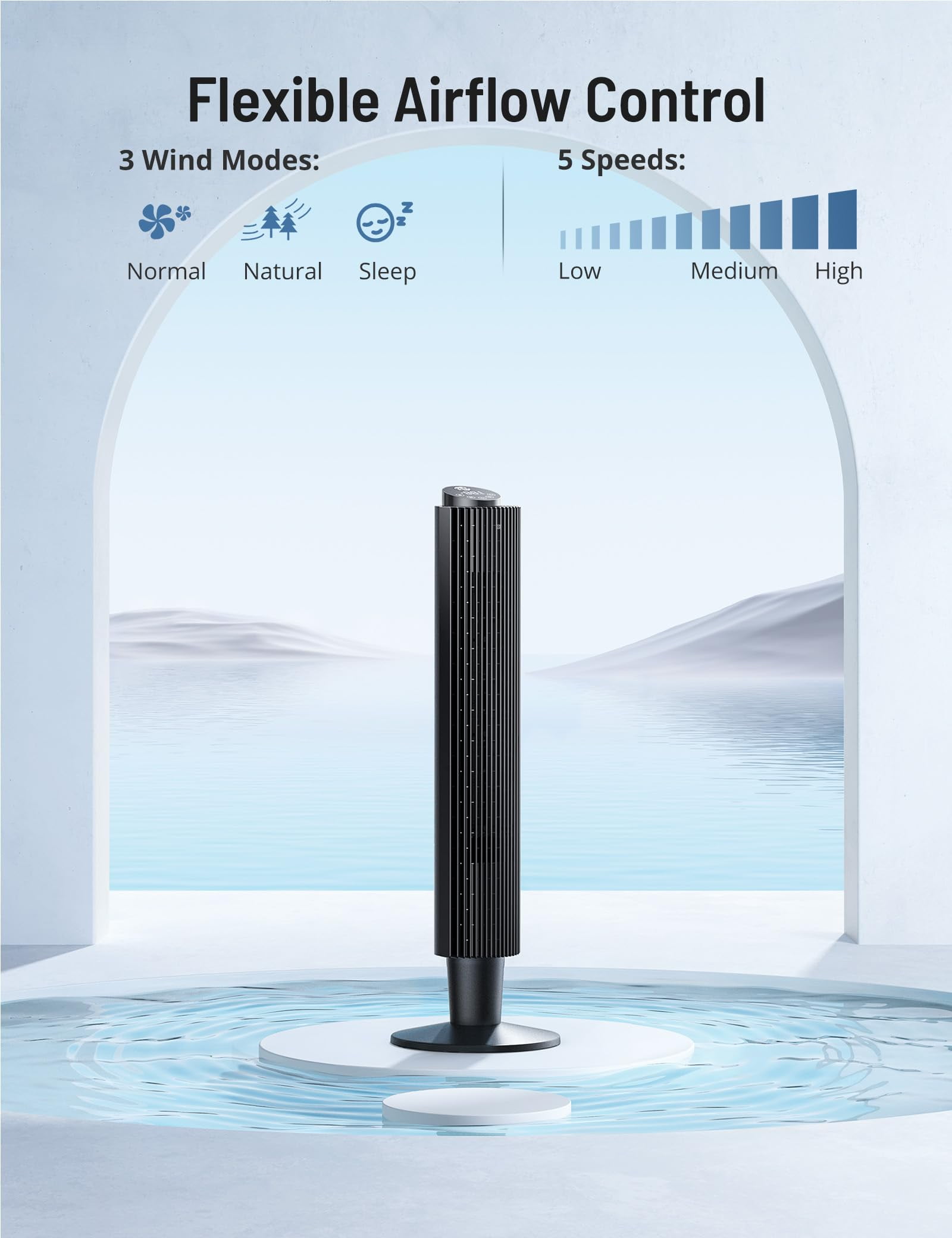 TaoTronics Tower Fan, 42'' 90° Oscillating Quiet Standing Bladeless Fans with Remote, 25 ft/s Velocity, Height Adjustable, 5 Speeds 3 Modes, 12H Timer, Floor Fans for Bedroom, Home, Room