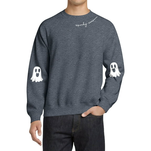 Evdexr Halloween Sweatshirt Men Spooky Season Sweater Fall Solid Crewneck Ghost Graphic Shirt Long Sleeve Oversized Lightweight Sweatshirts Dark Gray XL