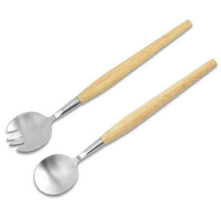 

Stainless Steel Spoon Fork Set Washable Handheld Rubber Wood Handle Anti-slip Flatware Indoor House Kitchen Dinnerware for Soup