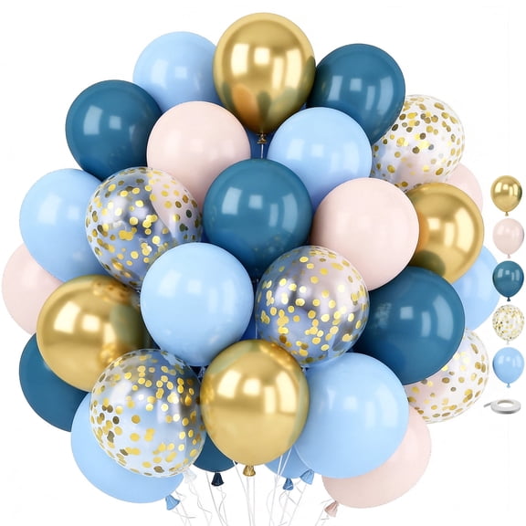 60 Pcs 12 Inches Metallic Gold Macaron Blue Ocean Blue White Sand Confetti Balloons for Baby Shower Wedding Boy Birthday Graduation Decorations