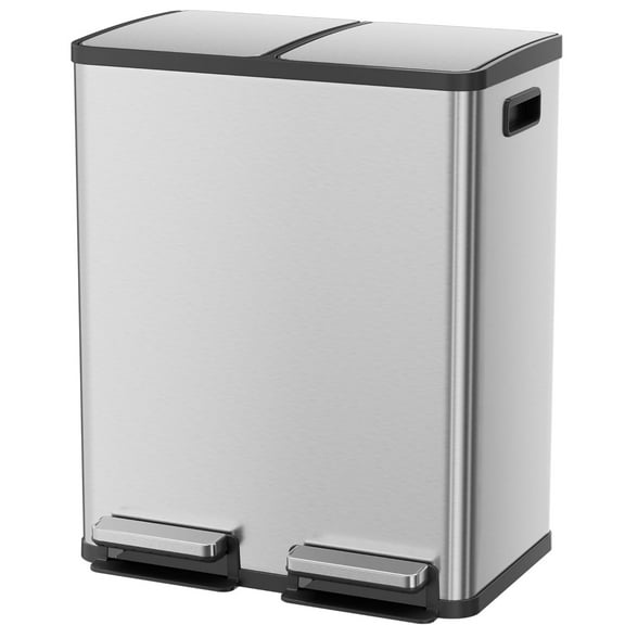 Kitchen Trash Can, 16-Gallon Stainless Steel Dual Compartment Garbage Bin with Soft-Close Foot Pedal and Removable Inner Buckets for Kitchen & Office