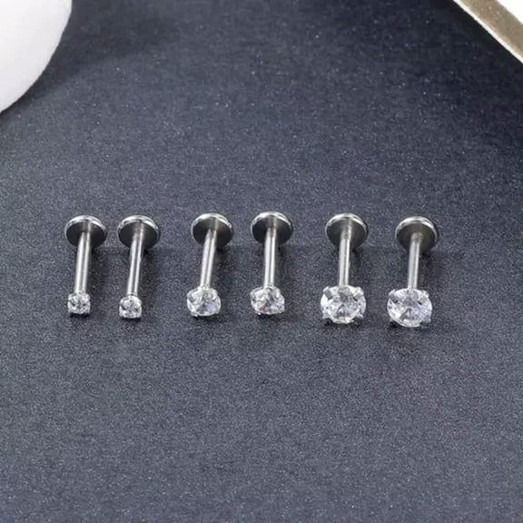 K-KED 3Pairs 2-4mm Zirconia Stainless Steel Tragus Earrings Lip Stud Body Piercing-16G 6mm