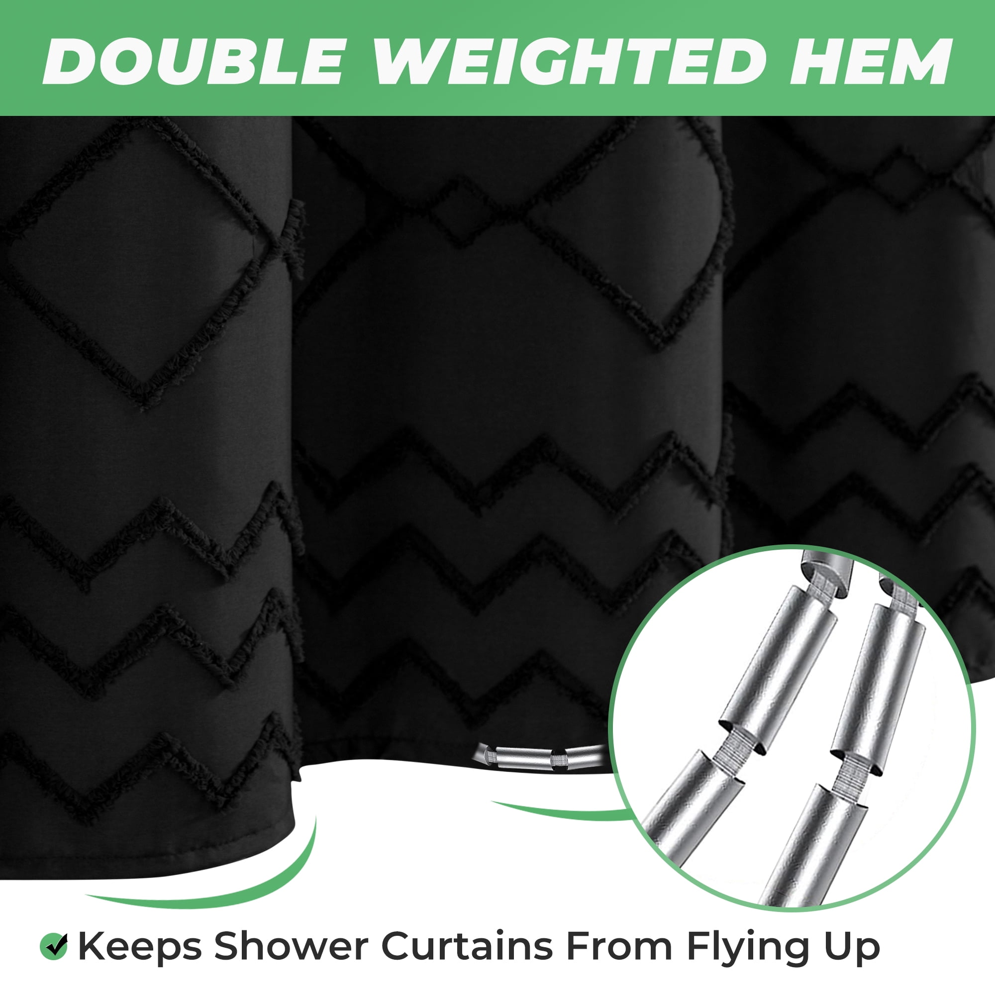 Seasonwood Black Shower Curtain Fabric Textured Tufted Chevron Striped Bathroom Shower Curtains 72 x 96