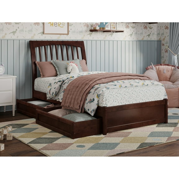 Roslyn Twin Wood Platform Bed with Panel Footboard and Storage Drawers in Walnut