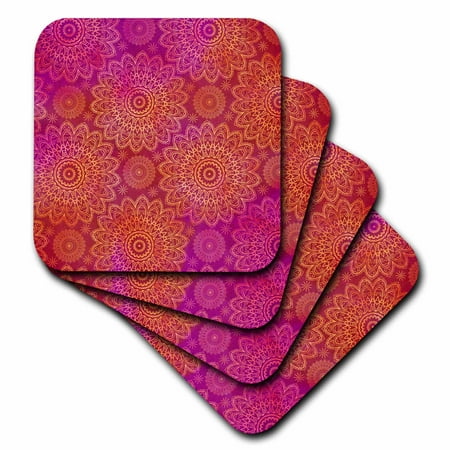 

3dRose Pink Orange Watercolor Mandala Ornament Pattern - Soft Coasters set of 4