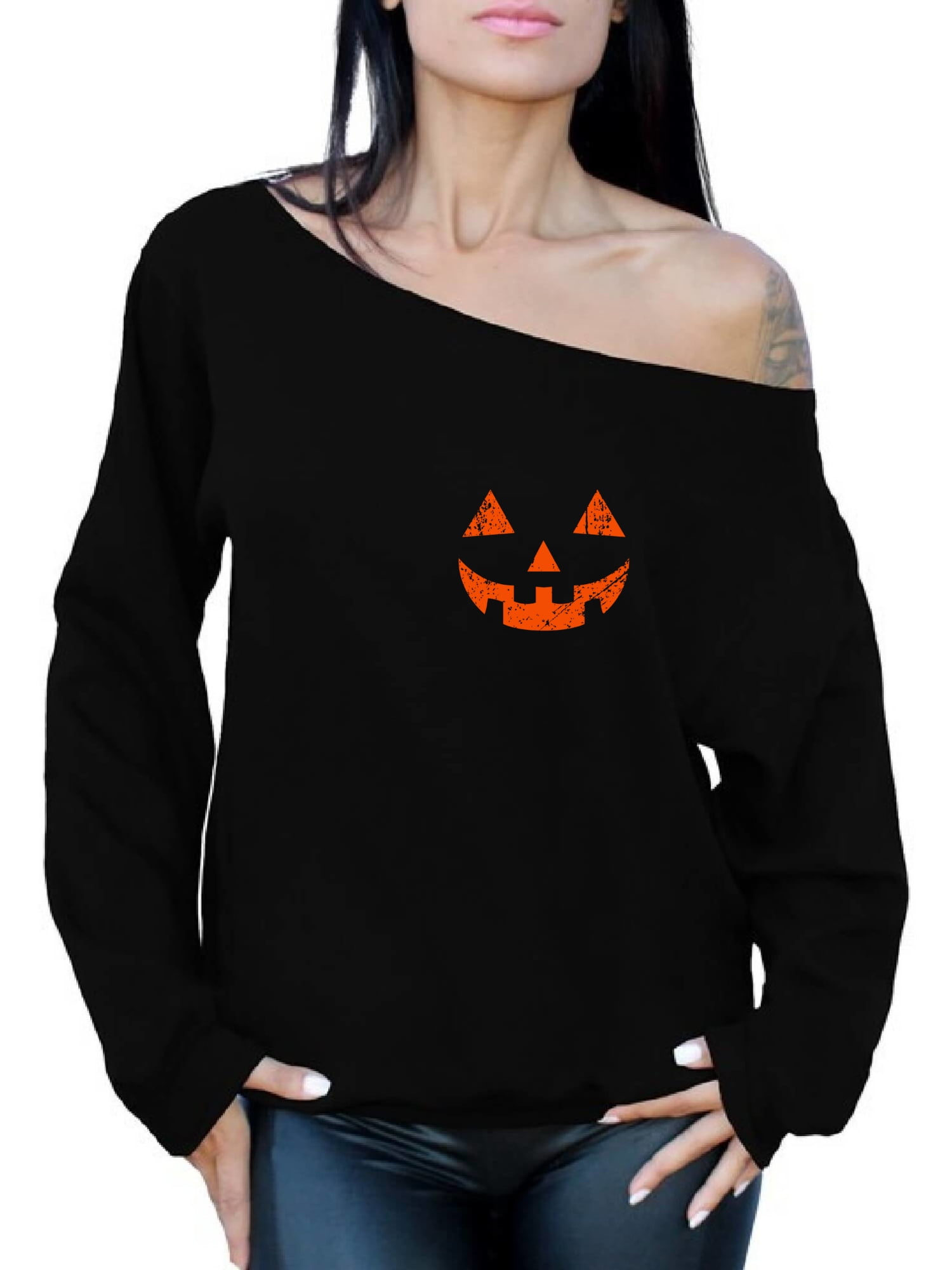 Women’s Halloween Sweatshirt Bat Ghost Pumpkin Printed Long Sleeve Off Shoulder Tops for Halloween Party Costume 