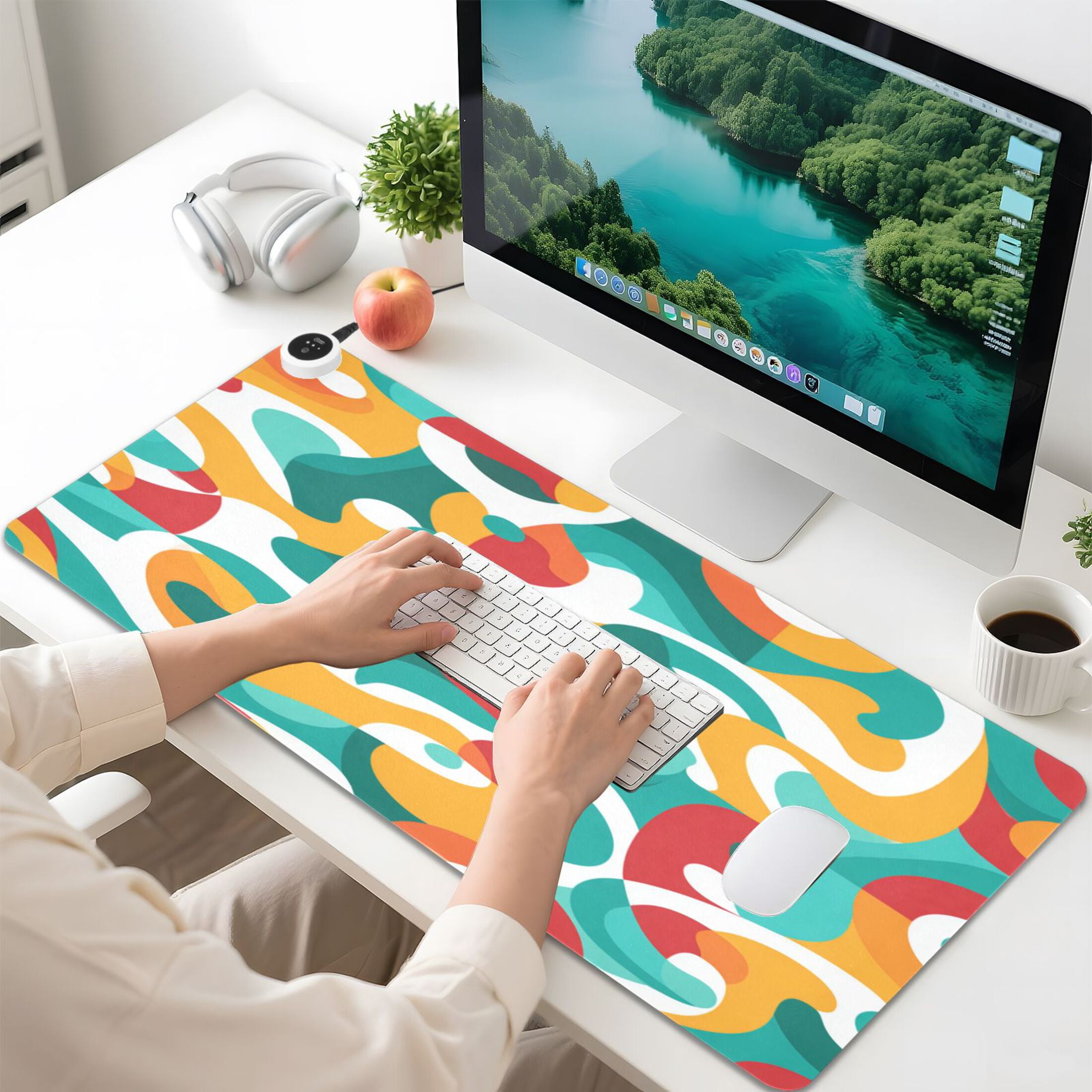 Large Heated Desk Mat Mouse Pad 31.5"x13"PU Leather Graphene Heating Desk Warmer with 3 Temperature Settings 110V US Plug Non-Slip Warm Pad for Home, Office, and Gaming Waves Of Tropical Color
