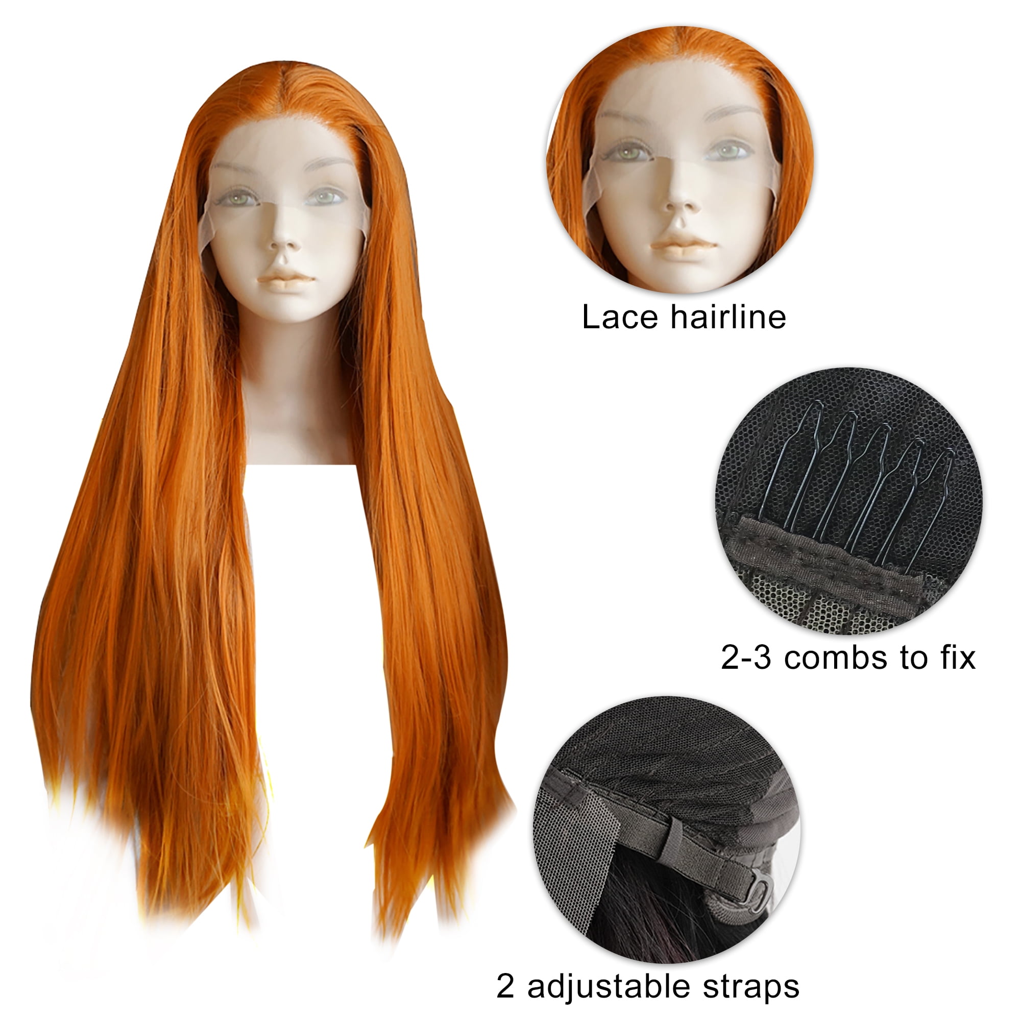 Unique Bargains Lace Front Wigs for Women 24" Orange Long Straight Hair with Wig Cap