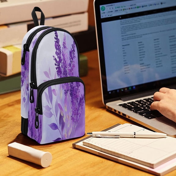 Backpack Pencil Case, 3 Compartment Large Capacity Oxford Fabric Pencil Pouch / Watercolor Lavender Clip Art