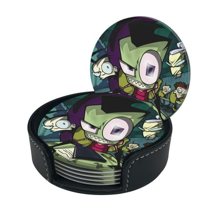 

Cartoon Invader Zim Round Coaster Set Of 6 Tabletop Protection Mats Leather Drink Cup Coasters Kitchen Coffee Decor