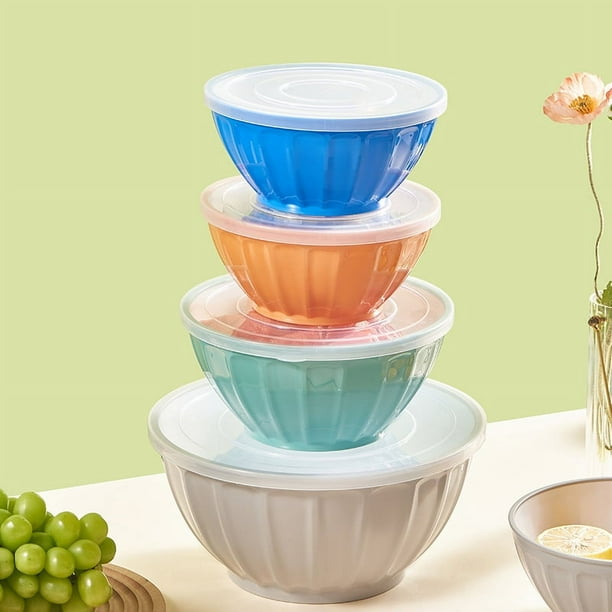 Cuencos para mezclar con tapas, juego de cuencos de plástico para encajar, cuencos para almacenar alimentos, juego de cuencos para mezclar aptos para microondas, 4 cuencos y 4 tapas