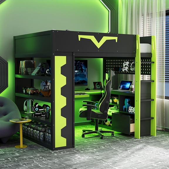 Full Size Gaming Loft Bed with Integrated Desk & RGB LED Lights, Pro-Gamer Bed with Power Outlet, Pegboard, Keyboard Tray, Large Bookshelf & Storage Drawer,Green