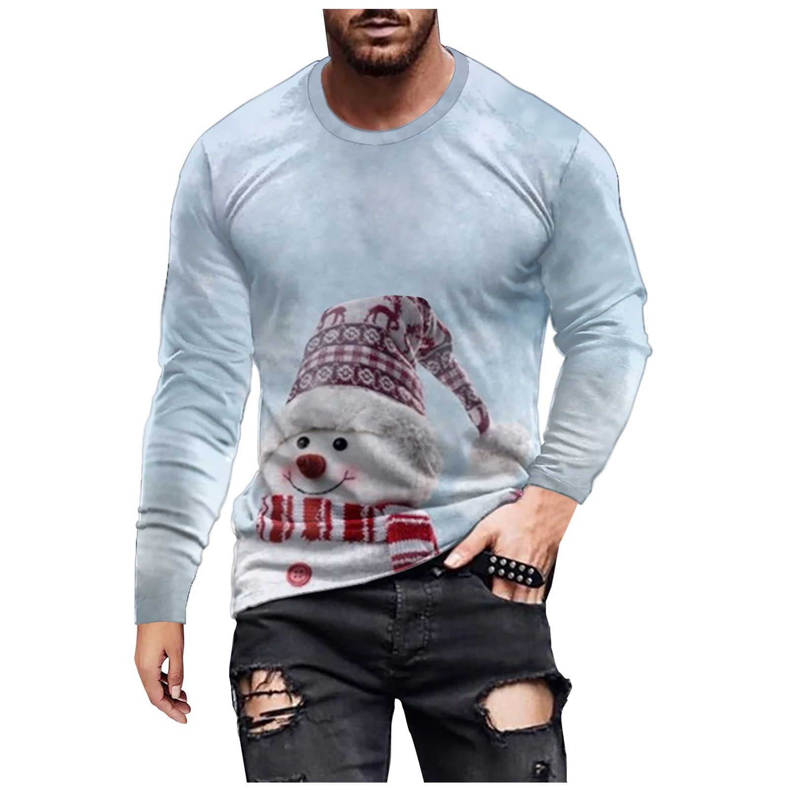 Round Neck Pullover for Men Christmas Men Round Neck Casual Printed Casual Long Sleeve Blouse Tops Round Neck Pullover Sweater Mens Workout Tops