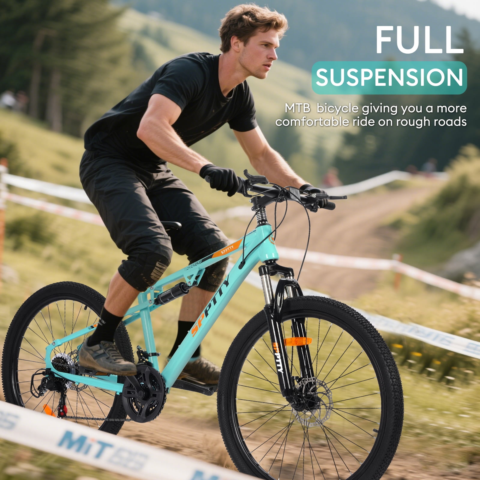 SPPTTY 26" Mountain Bike,Full-Suspension 21 Speed Drivetrain, Disc Brakes,Bicycle for Men Women Green