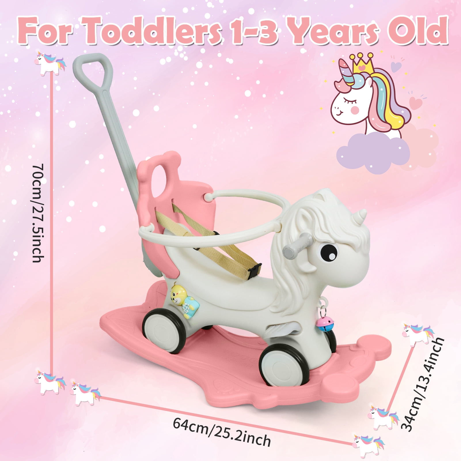 Wdmiya 4 in 1 Rocking Horse for Toddlers 1-3 Years Old, Baby Unicorn Rocking Toy Birthday Gift for Boy and Girl, Ride on Toy with Detachable Balance Board，Balance Bike with Push Handle, Pink