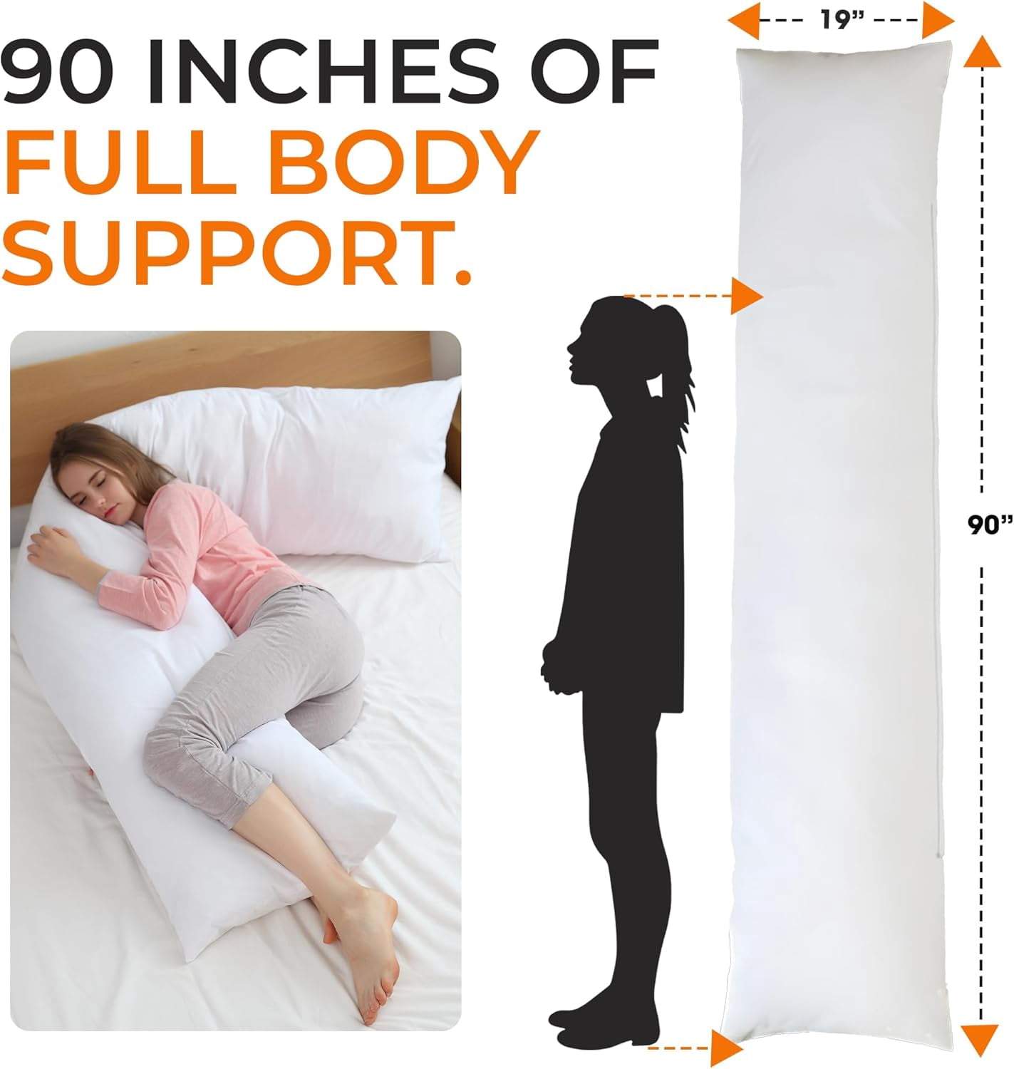 Extra Long Body Pillow for Side Sleeper, Pregnancy, Neck and Shoulder Support - Zippered Cover (19" x 90")