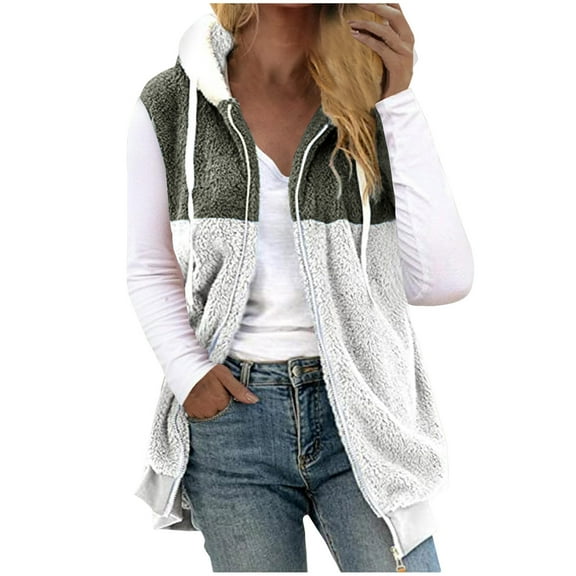 Lovskoo Womens Fuzzy Fleece Vest Cozy Sleeveless Winter Warm Vests with Pocket Zip Up Hooded Waistcoat Outerwear Olive Green