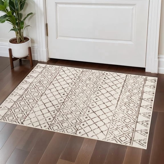 YOUFORTONG 2x3 Moroccan Washable Entryway Rug,Low Pile Non Slip Rubber Backing Thin Floor Carpet Soft Modern for Hallway Kitchen Bathroom Bedroom,Beige