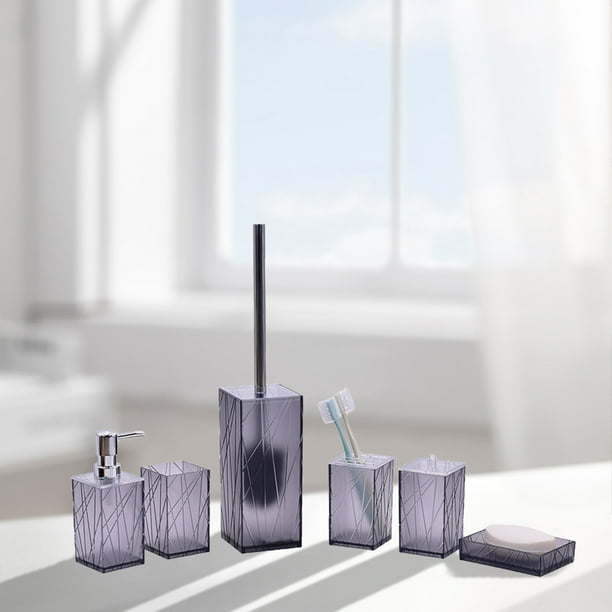 Set de accesorios para baño de 6 piezas en plástico blanco y gris | Dispensador de jabón con bomba, porta cepillos de dientes, vaso, estuche para tampones, cepillo para inodoro | Estilo moderno y