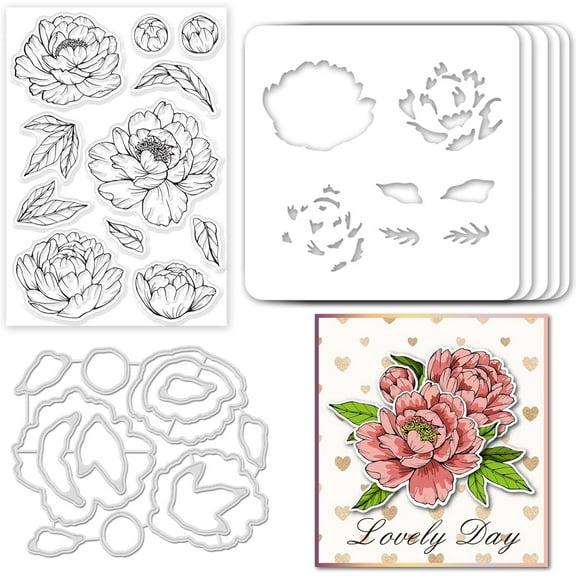 Peony Cut Dies & Clear Stamp & Painting Stencils Flowers Embossing Template Silicone Stamp Hollow Painting Stencil Set for Scrapbooking Card Making DIY Decoration