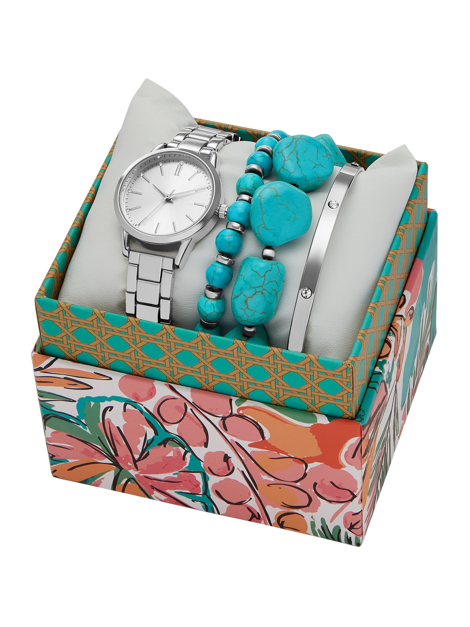 Folio Women's Watch Set: Silver Tone, Clear Stone Sunray Dial, 3-Link Bracelet (FMDAL1203)