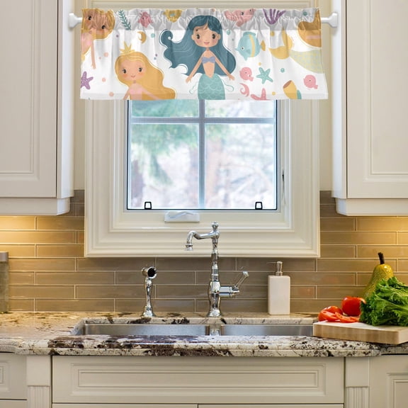Cute Mermaids Curtain Valances Farmhouse Design Window Treatment Decor Blackout Rod Pocket for Windows Living Room Kitchen 54" x 18"