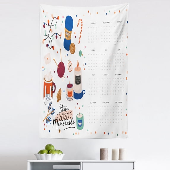 Calendar 2020 Tapestry, Happy Year Design Polka Dots Sewing Concept Candles Mugs Pastel Winter, Fabric Wall Hanging Decor for Bedroom Living Room Dorm, 5 Sizes, White Multicolor, by Ambesonne