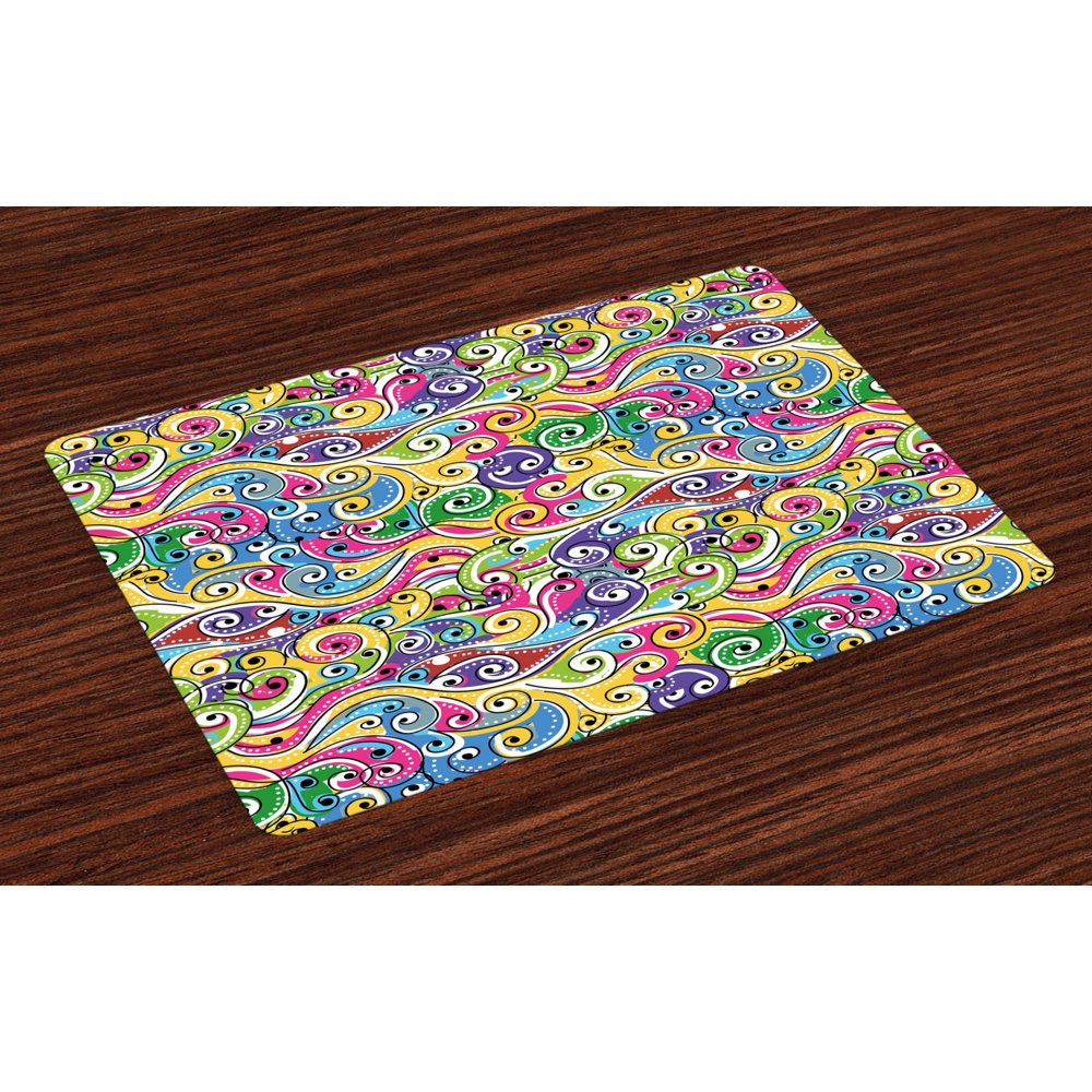 Wave Placemats Set of 4 Funky Colored Curves with Spiraling Ends Doodle