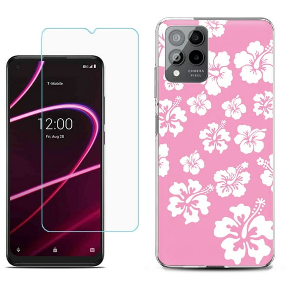 Slim-Fit Gel TPU Phone Case for T-Mobile Revvl 6 Pro 5G, with Tempered Glass Screen Protector, by OneToughShield ® - Hibiscus Pink