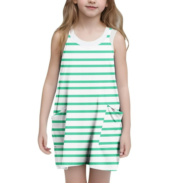 Bwiyojiz Tailles Mode 120-160 Robe Sans Manches à Col Rond Décontractée d'Été à Bretelles Combishort Robes Tennis avec Poches pour Enfant, 9 Ans, Cadeaux pour la Maison, Vert Menthe