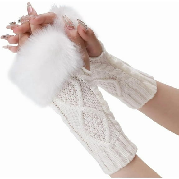 2 Pairs White Furry Fingerless Gloves Arm Warmers Fluffy Winter Knitting Soft Thumb Hole with Fur Hand Wrist Warmer Knit Crochet Gloves Mittens for Women Unisex Typing Driving Supplies White