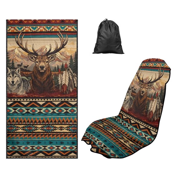 FOR U DESIGNS Tribal Deer Wolf Aztec Print Car Seat Towel Covers for Dog Pet Washable Car Towel Cover with Storage Bag Absorbent Microfiber Towel for Workout Outdoor Sport Activities