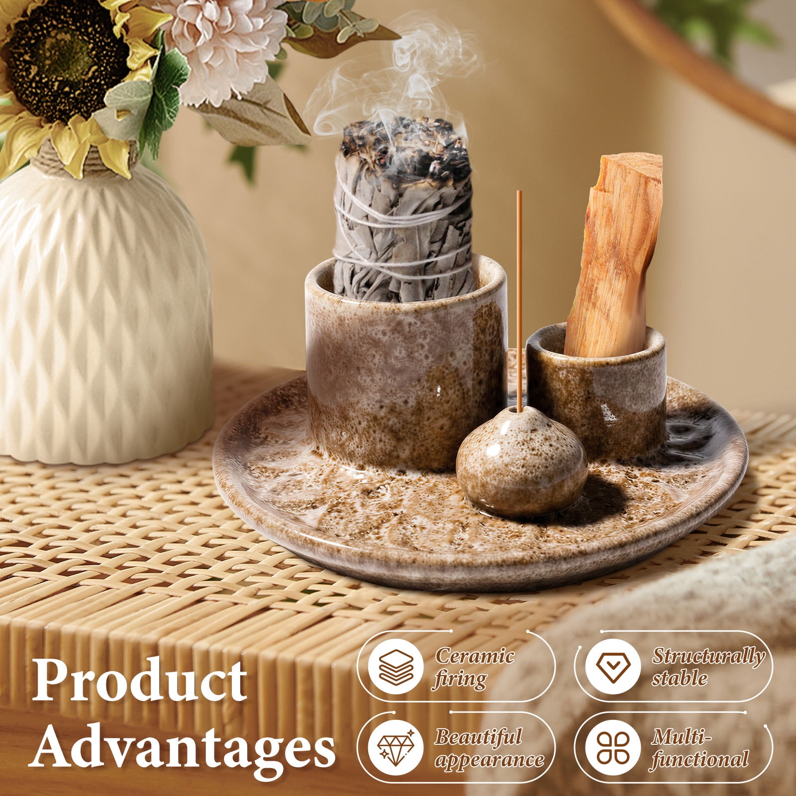 4 In 1 Ceramic Incense Holder Bowl Palo Santo Burner Sage Stick Ash Catcher Tray (white )