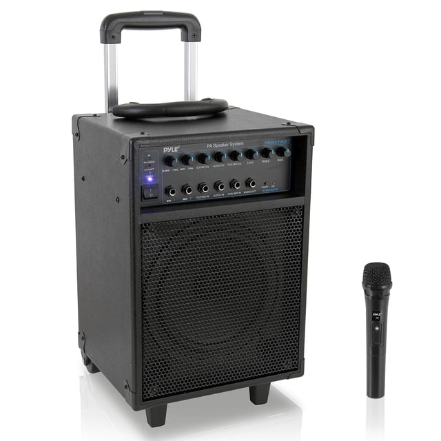 Sistema PA inalámbrico portátil Pyle, 400 W, compatible con Bluetooth, batería recargable, funciona con batería exterior, altavoz estéreo con asa, ruedas 1/4 a AUX, cable RCA (PWMA230BT)
