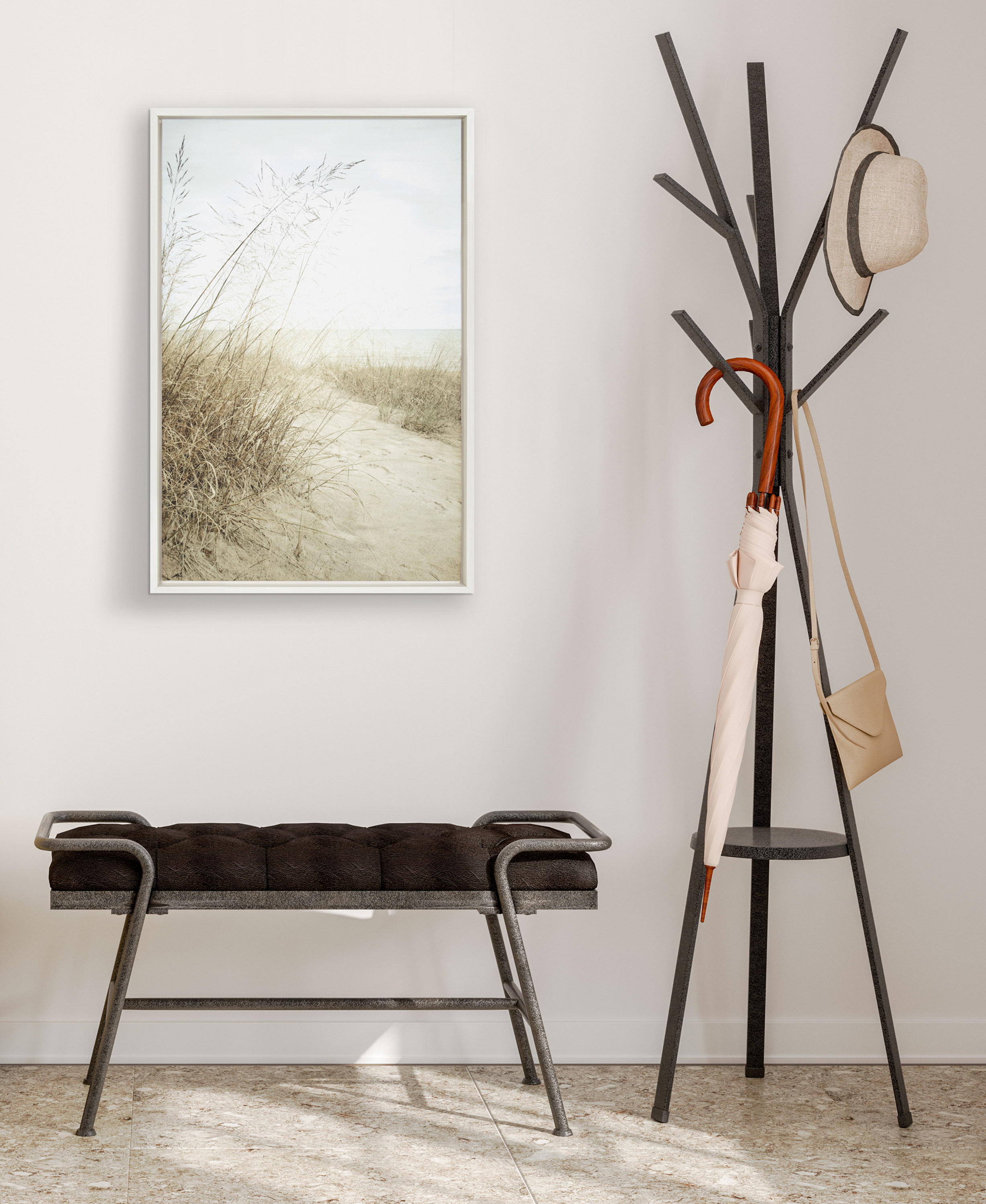 Kate and Laurel Sylvie Beach Grasses Framed Canvas Wall Art by Emiko and Mark Franzen of F2Images, 23x33 White, Coastal Beach Art for Wall