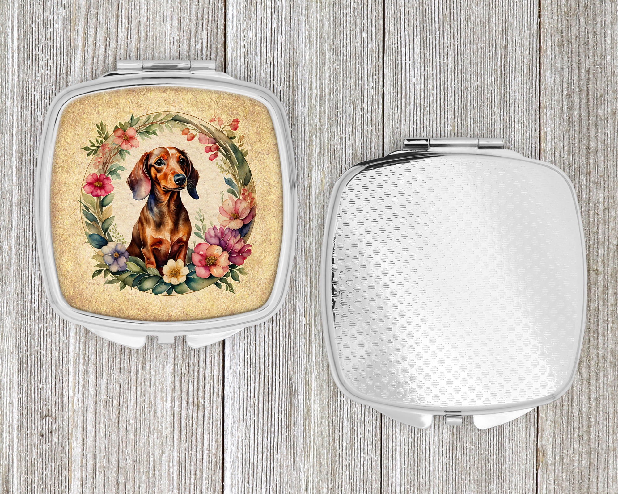Dachshund and Flowers Compact Mirror 2.75 in x 3 in