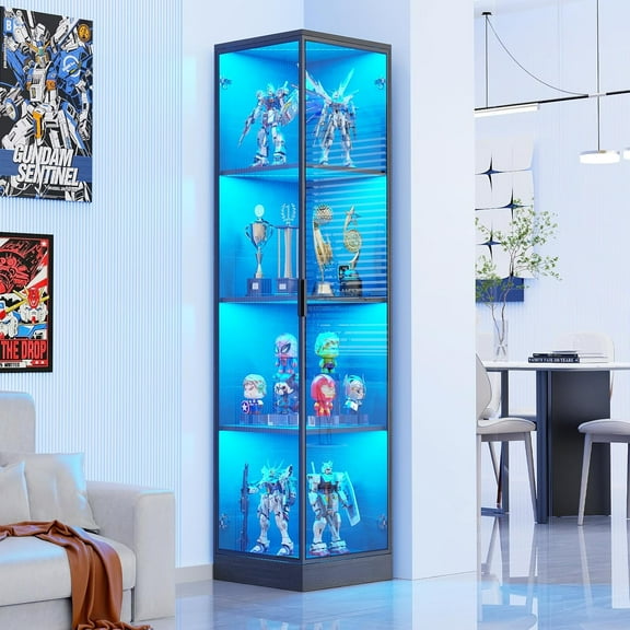 Corner Display Cabinet with Transparent Doors, Display Case with 3 Color Light, 4-Tier Curio Cabinet&Bookcase for Collectibles, Toys, Books, for Playroom, Bedroom, Study Room, Black